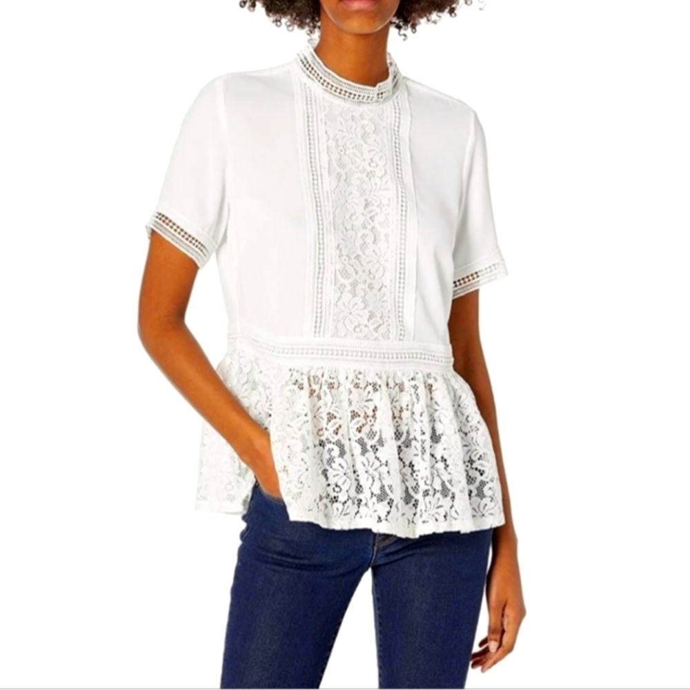 Zara White Peplum Embellished Blouse with Mandarin Collar